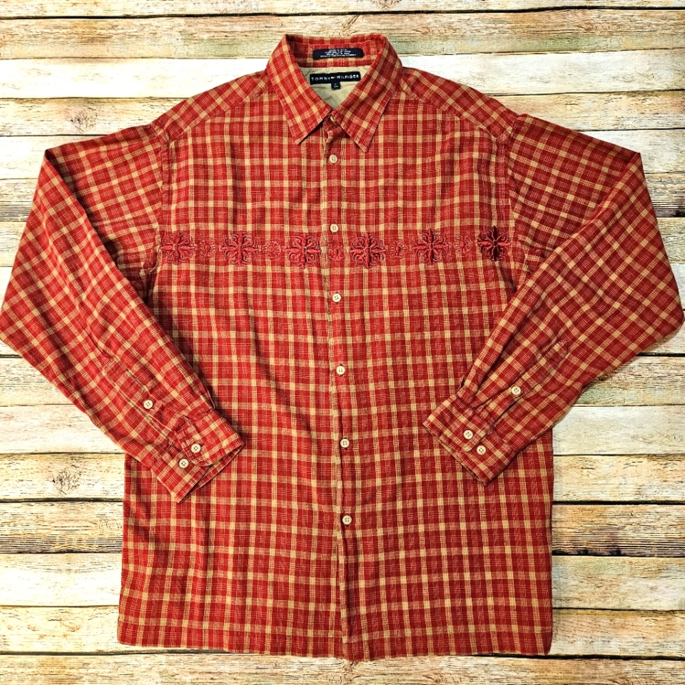 Tommy Hilfiger button down with embroidery across chest.
